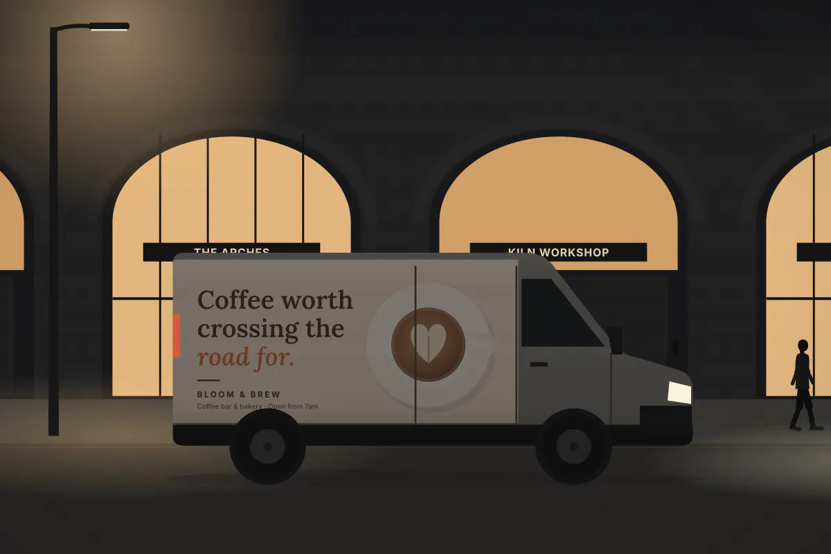 Full wrap on a city delivery van — at night
