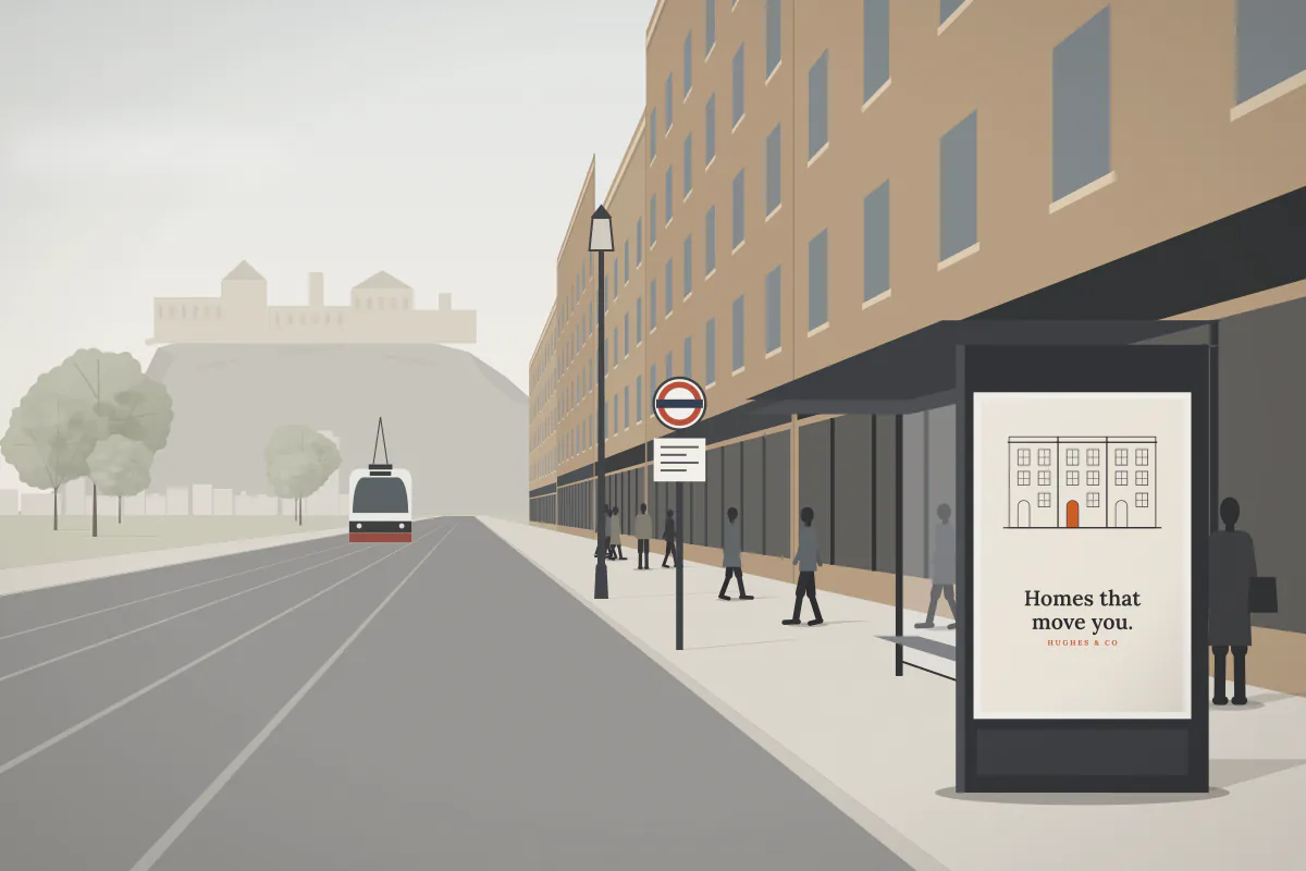 Bus shelter 6-sheet on Princes Street — daytime view