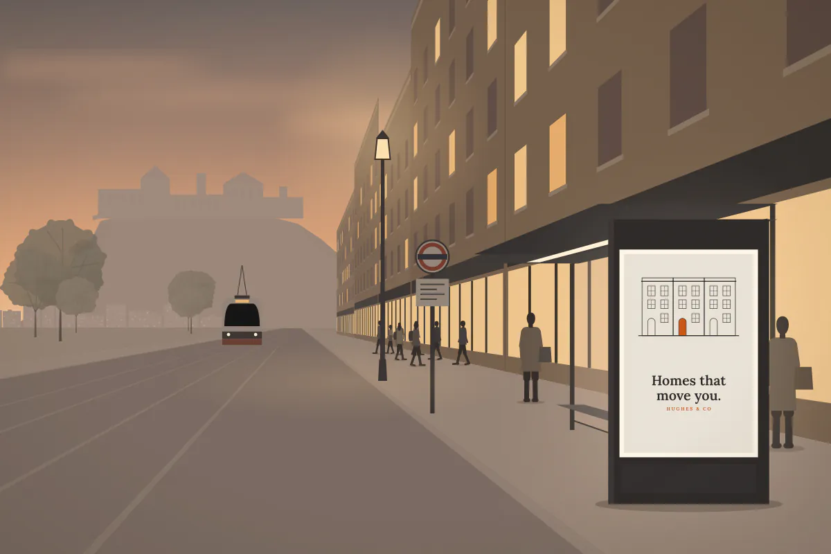 Bus shelter 6-sheet on Princes Street — at dusk